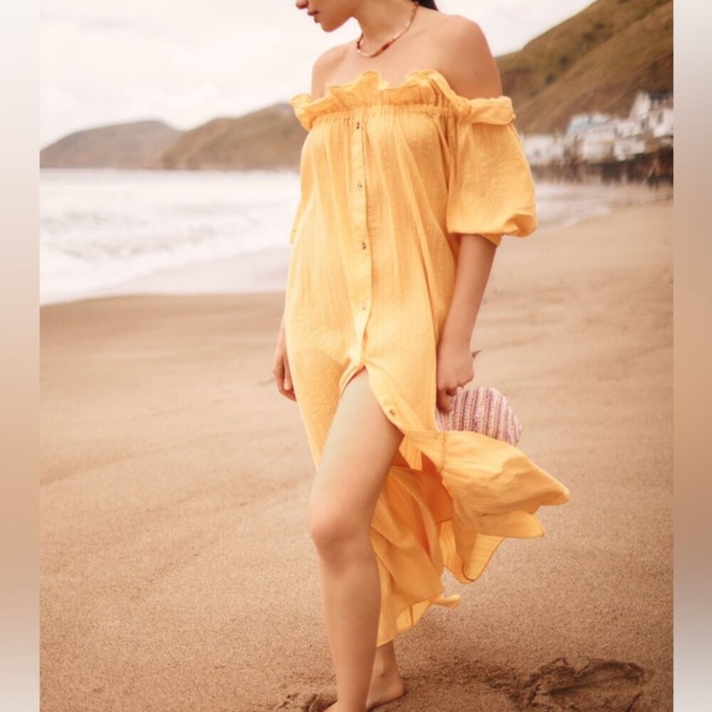 Anthropologie Ruffle Off The Shoulder Yellow Gauze Maxi Dress Flowy Size MP